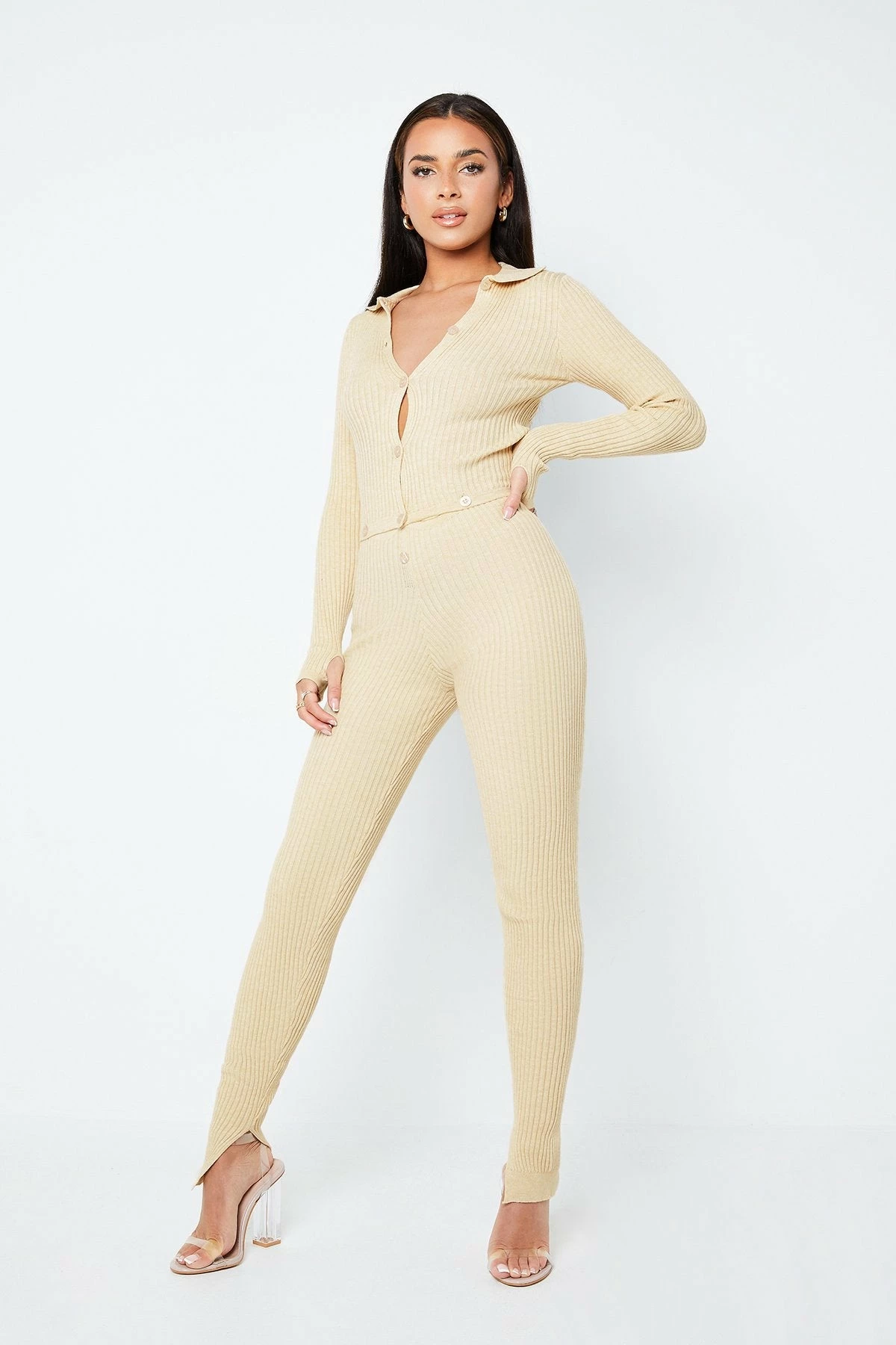 Solado Button Front Thumb Hole Split Hem Knitted Jumpsuit - Image 3