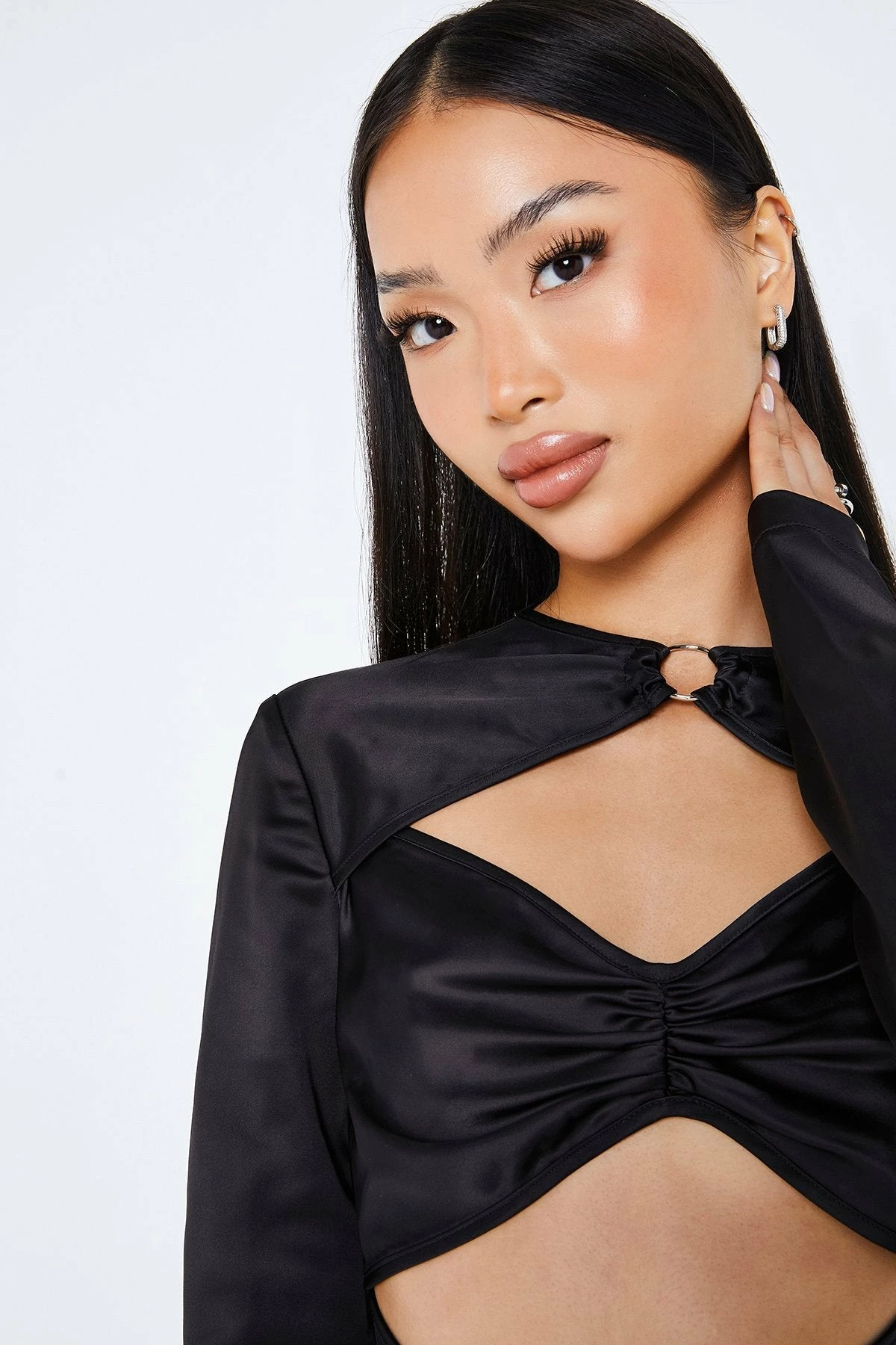 SOLADO Satin Cut Out Feather Hem Long Sleeve Jumpsuit 5 SOLADO Satin Cut Out Feather Hem Long Sleeve Jumpsuit - Image 5