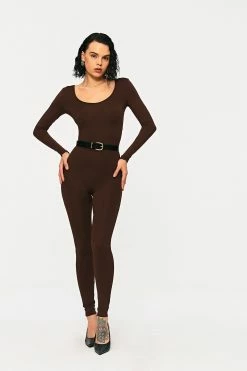 Solado U Neck Cinched Waist Long Sleeve Skinny Jumpsuit