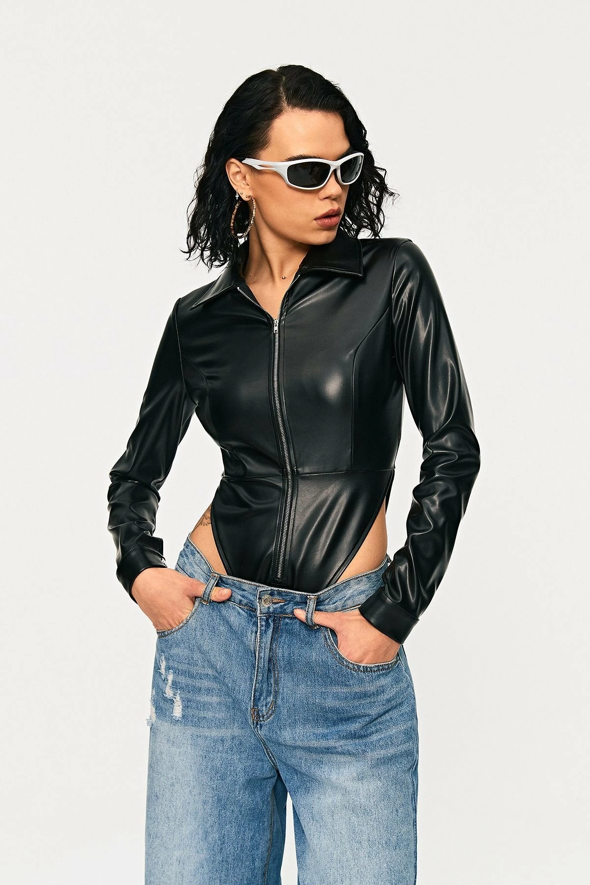 SOLADO Lapel Neck Zipper Front PU Leather Bodysuit - Image 2