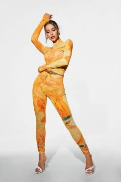 SOLADO Abstract Print Long Sleeve Mesh Jumpsuit Without Waist Chain
