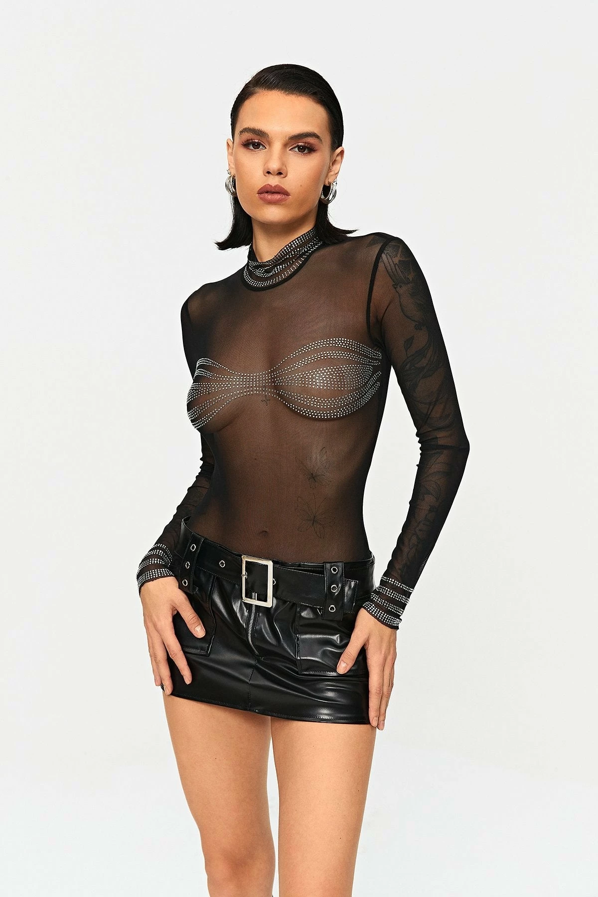 Solado High Neck Rhinestone Decor Long Sleeve Mesh Bodysuit - Image 2
