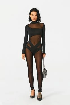 SOLADO High Neck Mesh Splicing Long Sleeve Jumpsuit