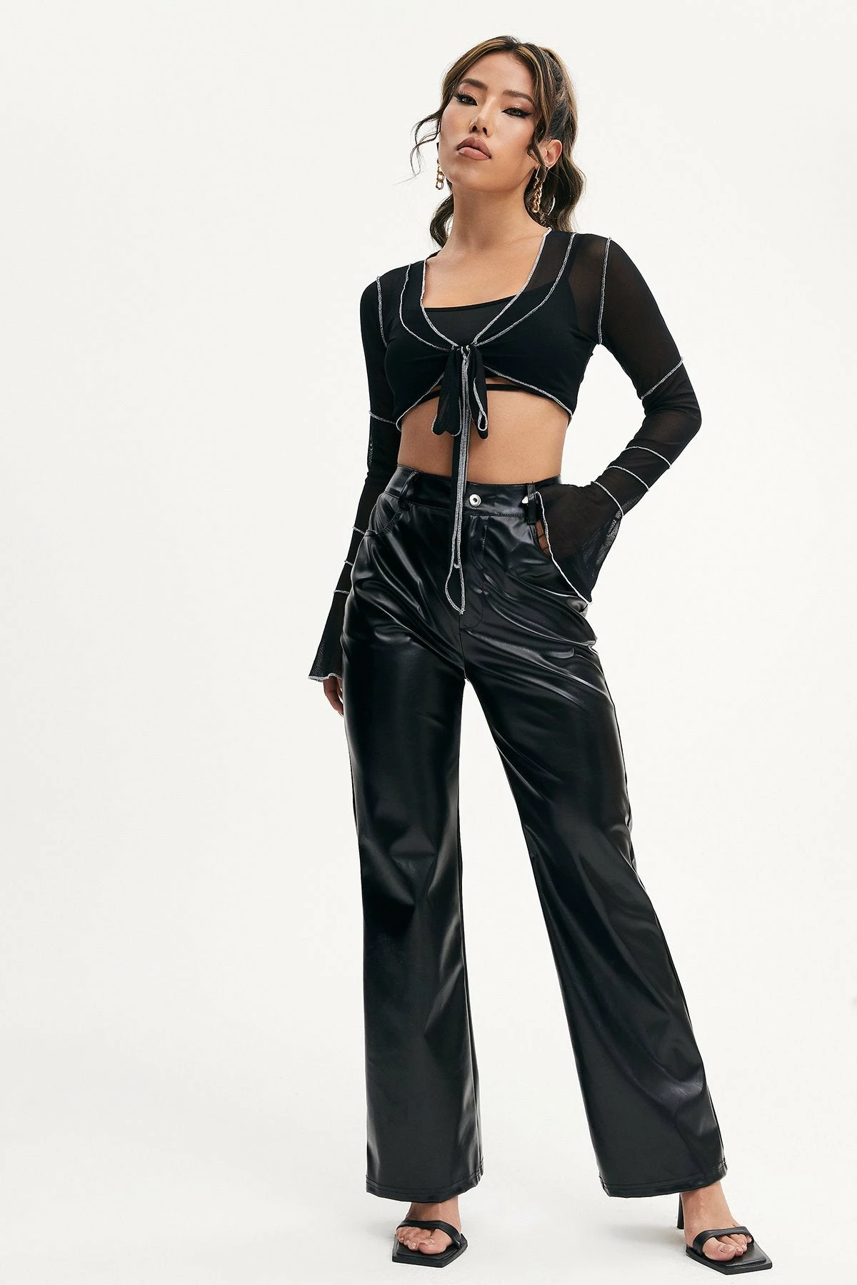 Solado Mesh Seam Detail Flared Sleeve Crop Cardigan Without Tank Top 4 Solado Mesh Seam Detail Flared Sleeve Crop Cardigan Without Tank Top - Image 4
