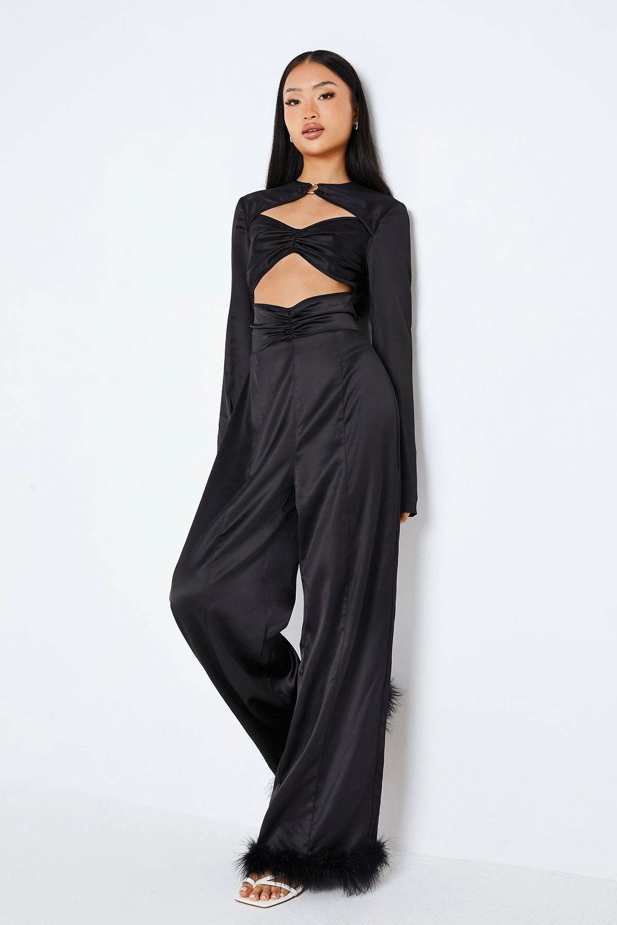 SOLADO Satin Cut Out Feather Hem Long Sleeve Jumpsuit 3 SOLADO Satin Cut Out Feather Hem Long Sleeve Jumpsuit - Image 3