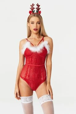 Solado Plunging Neck Fluffy Trim Lace Splicing Bodysuit Without Stockings