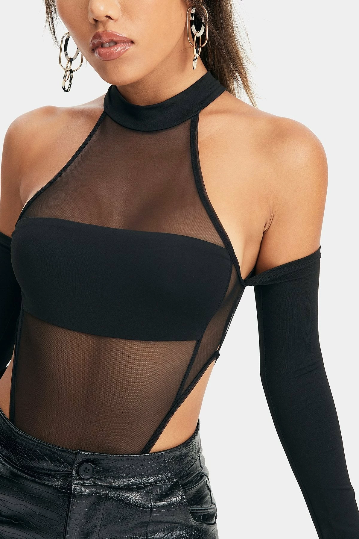 SOLADO Cold Shoulder Mesh Splicing Long Sleeve Bodysuit - Image 5