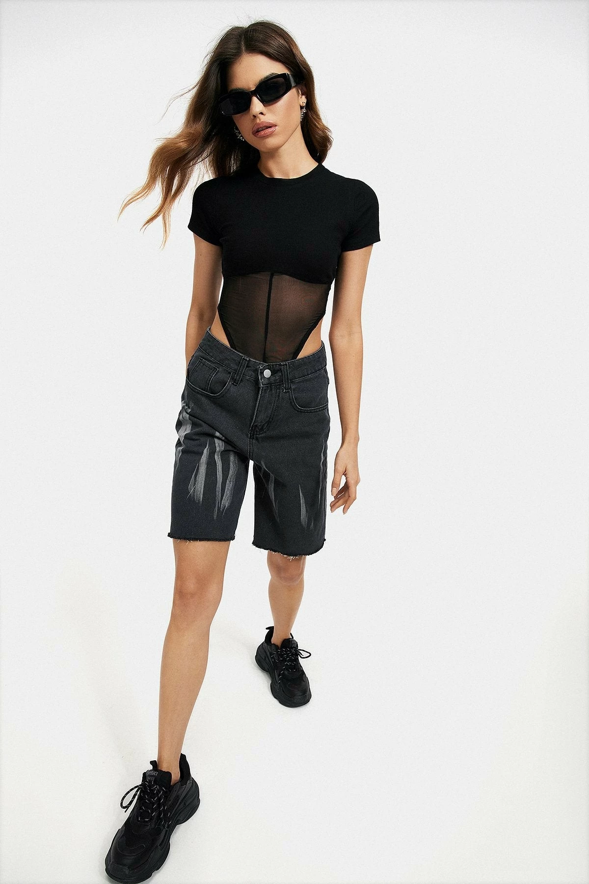 Solado Mesh Splicing Short Sleeve Solid Bodysuit 5 Solado Mesh Splicing Short Sleeve Solid Bodysuit - Image 5