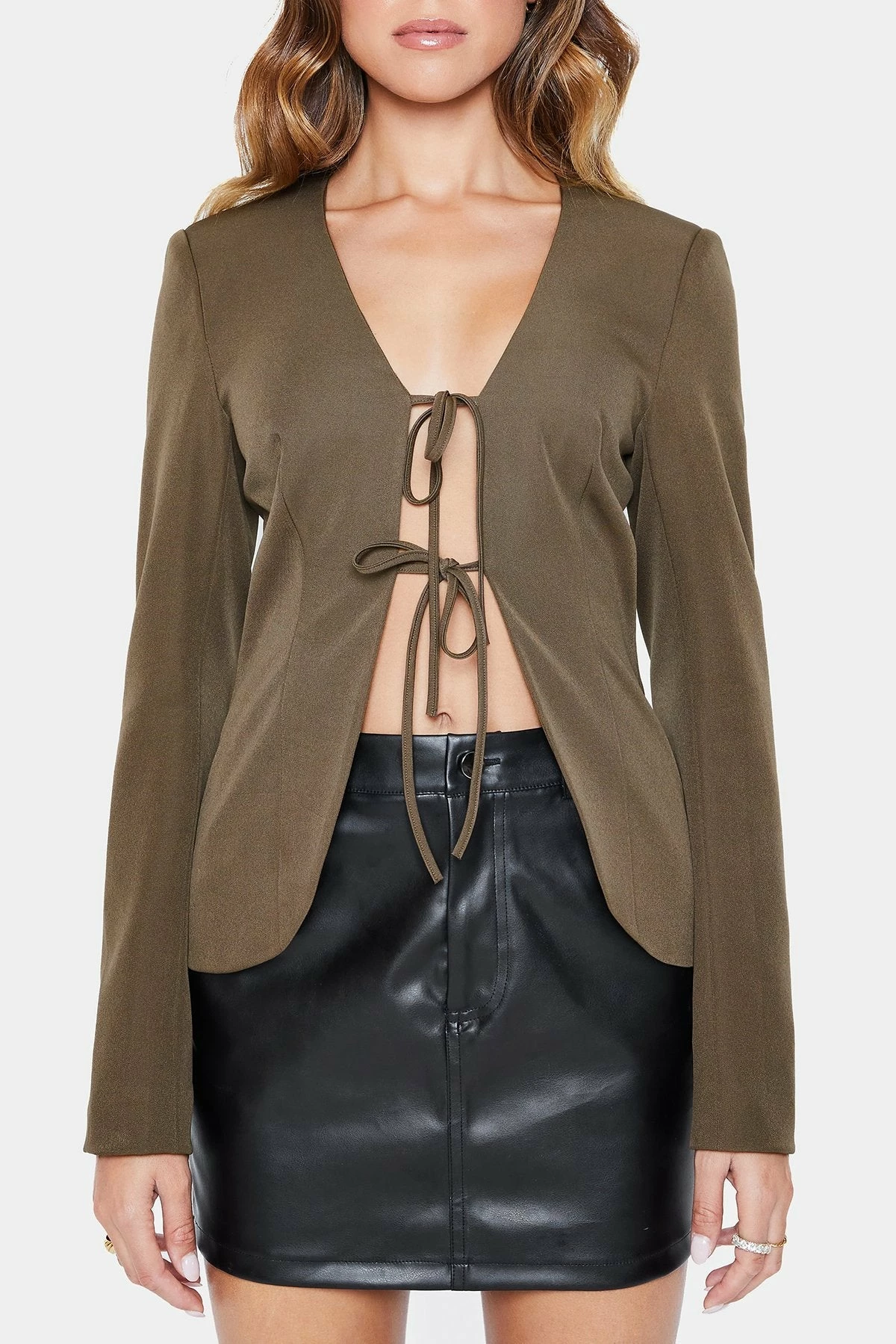 SOLADO Plunging Neck Tie Front Split Hem Long Sleeve Top 6 SOLADO Plunging Neck Tie Front Split Hem Long Sleeve Top - Image 6