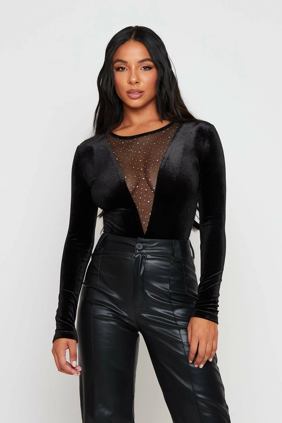 SOLADO Glitter Mesh Splicing Long Sleeve Velvet Bodysuit 2 SOLADO Glitter Mesh Splicing Long Sleeve Velvet Bodysuit - Image 2