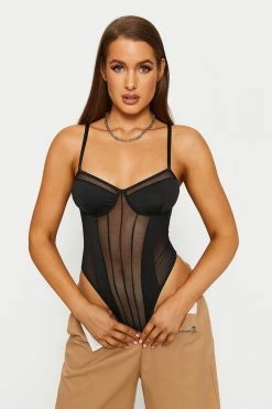 Solado Plunging Neck Boning Mesh Bodysuit