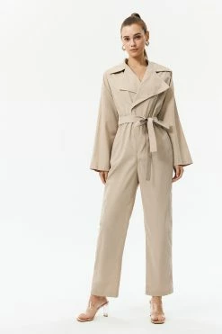 Solado Lapel Neck Tie Front Cinched Waist Jumpsuit