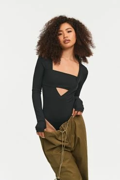 SOLADO Square Neck Cut Out Thumb Hole Long Sleeve Bodysuit