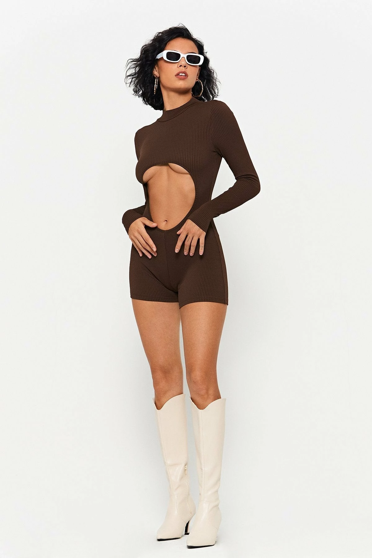 SOLADO Cut Out Solid Ribbed Long Sleeve Romper Playsuit 4 SOLADO Cut Out Solid Ribbed Long Sleeve Romper Playsuit - Image 4