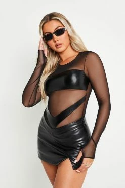 SOLADO Mesh PU Leather Splicing Long Sleeve Bodysuit