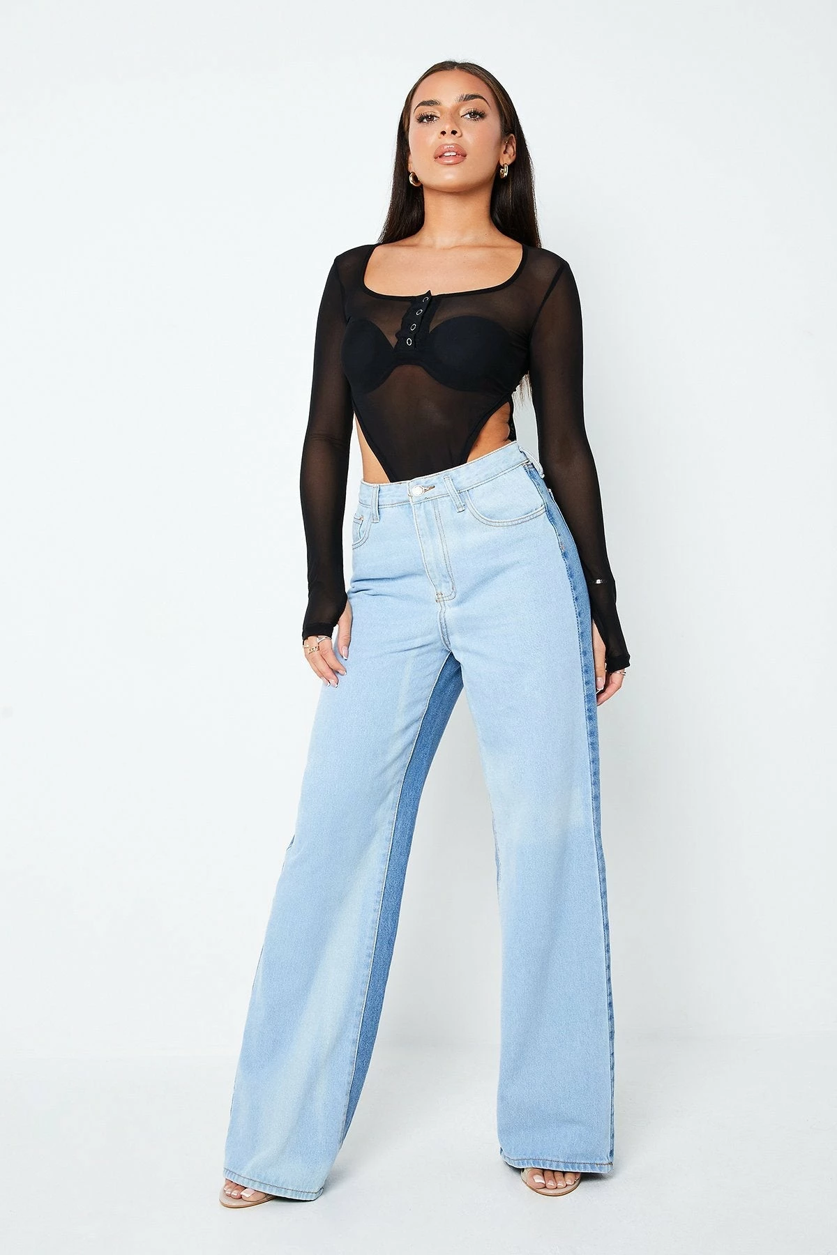 Solado Half Button Thumb Hole Long Sleeve Mesh Bodysuit Without Bra - Image 4