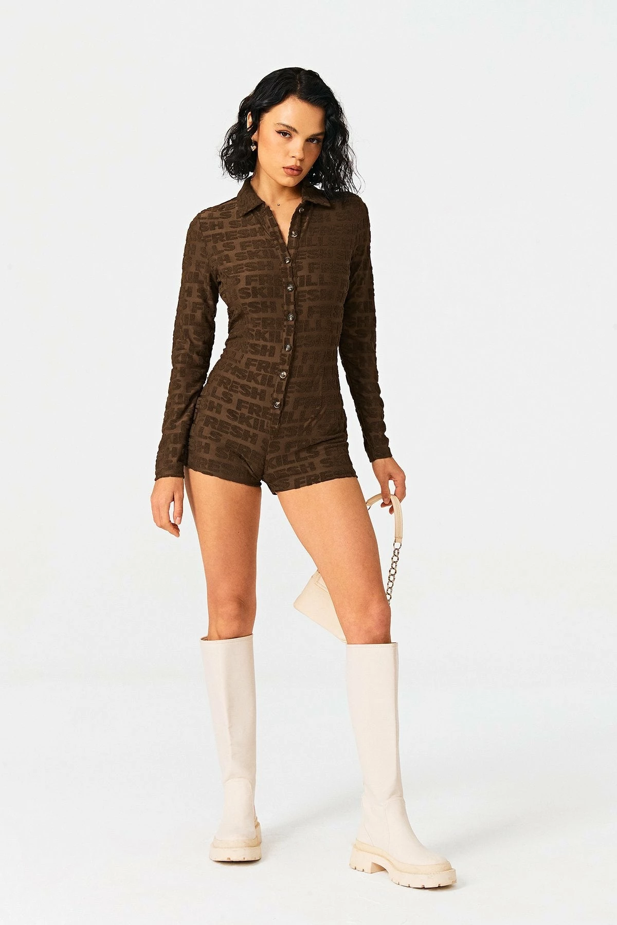 SOLADO Lapel Neck Button Front Letter Print Romper Playsuit 4 SOLADO Lapel Neck Button Front Letter Print Romper Playsuit - Image 4