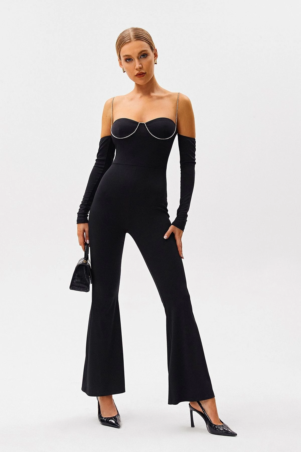SOLADO Cold Shoulder Rhinestone Decor Flared Jumpsuit 4 SOLADO Cold Shoulder Rhinestone Decor Flared Jumpsuit - Image 4