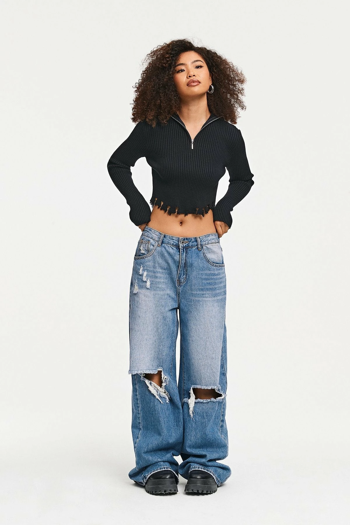 Solado Zipper Front Asymmetrical Hem Ribbed Knit Sweater - Image 8