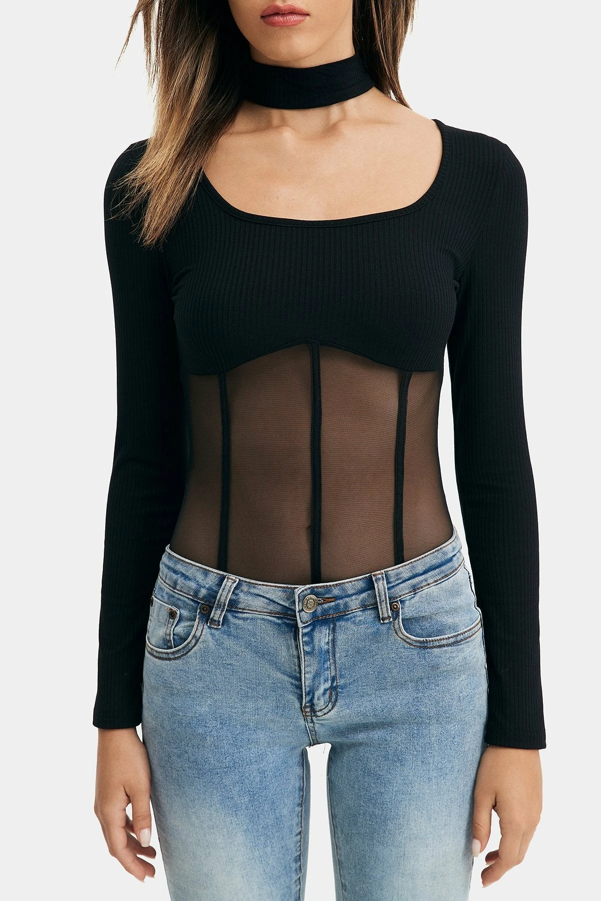 Solado U Neck Mesh Splicing Long Sleeve Bodysuit 6 Solado U Neck Mesh Splicing Long Sleeve Bodysuit - Image 6