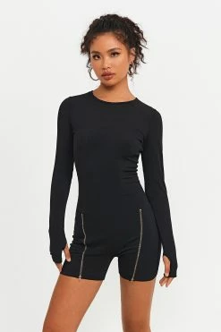 Solado Zipper Hem Thumb Hole Long Sleeve Romper Playsuit