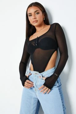 Solado Half Button Thumb Hole Long Sleeve Mesh Bodysuit Without Bra