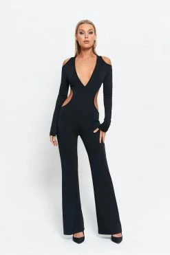 SOLADO Plunging Neck Cold Shoulder Cut Out Jumpsuit
